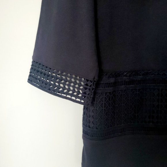 NWOT* Navy Blue Crew Neck Top Crocheted Accent Trim 3/4 sleeve Nautical Basic - Picture 2 of 9